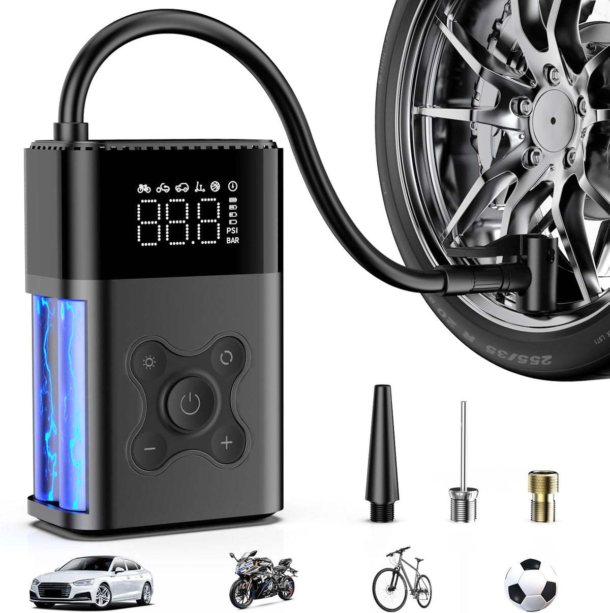 Tire Inflator Portable Air Compressor, 150 PSI Air Pump for Car, Electric Bike Pump with Digital Tire Pressure Gauge, Portable Tire Inflator for Compact Car, Electric Motorcycle, Bike (Black)