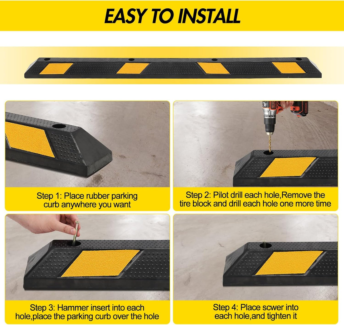 Parking Stoppers for Garage, 72 Inch Premium Parking Block Curb with Yellow Reflective Stripe, Heavy Duty Wheel Stopper for Cars, Vehicles, Trucks, Installation Kits Included, Pack of 2