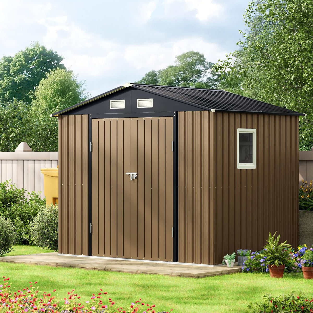 8X6FT Outdoor Steel Storage Shed with Lockable Doors, Frame Floor (No Wood/Other Boards),One Big Window,Ideal for Garden, Backyard, Patio Storage,Brown