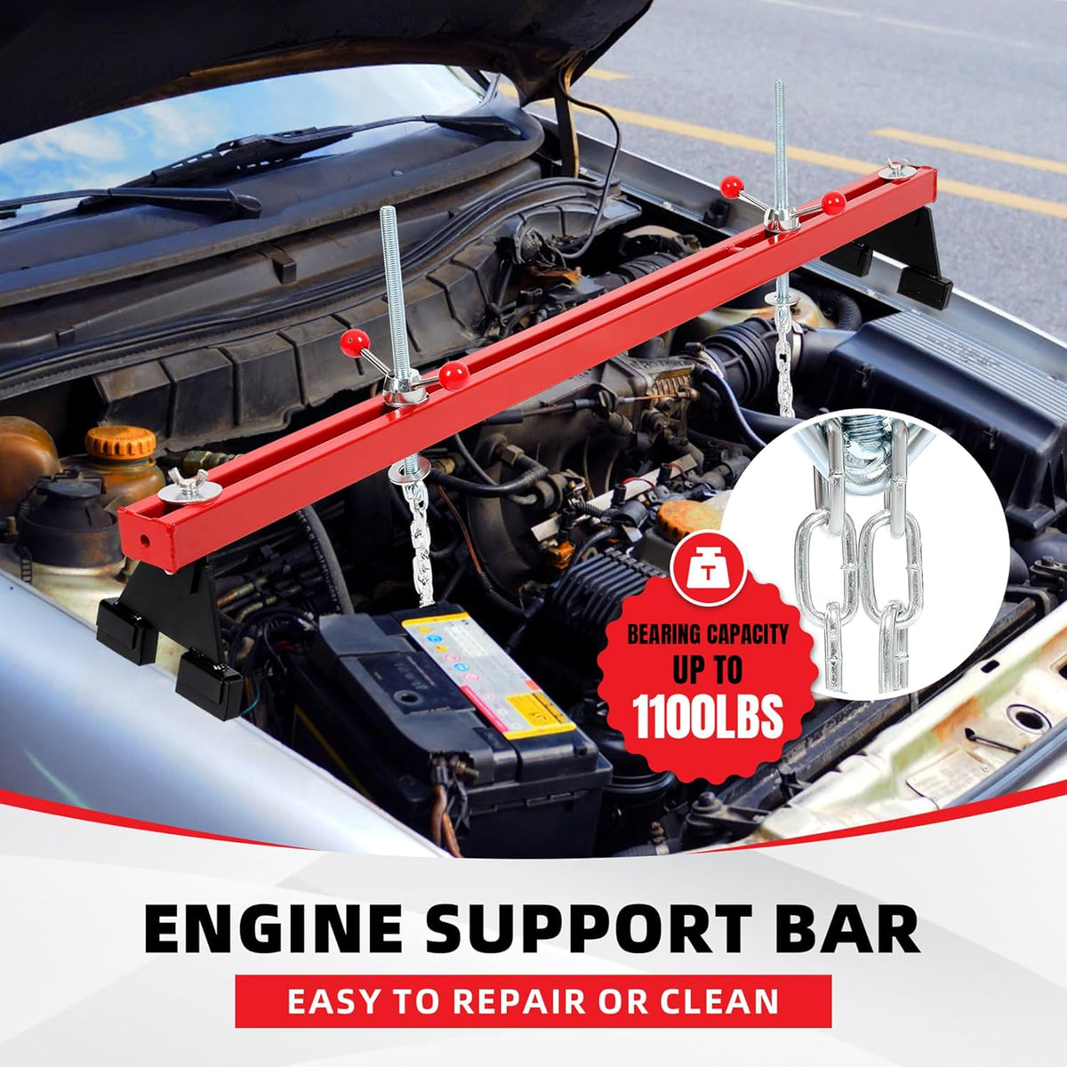 KUAFU Engine Support Bar 1100lbs Capacity Motor Transverse Bar with 2 Points Lift Holder Dual Hook Cross Hoist Engine Hoist for Home Garages & Auto Repair Shop