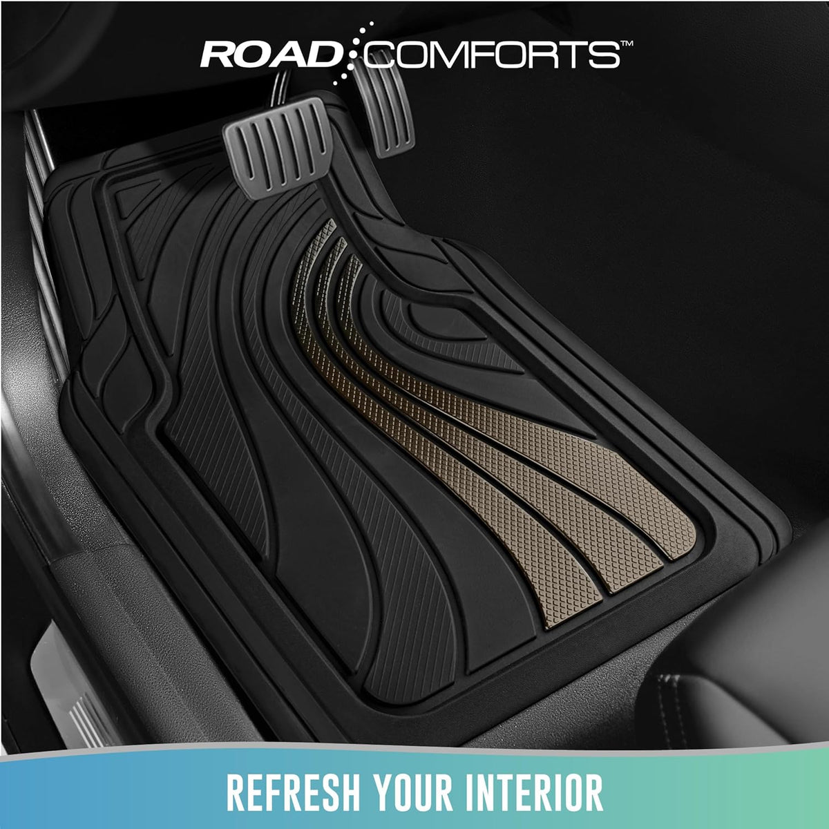 Road Comforts Car Floor Mats Full Set – Front & Rear Car Floor Mats with Aluminum Design, Anti-Slip Backing, All-Weather Protection, Trim-to-Fit Car Mats for Most Sedans, SUVs & Vans - Grey