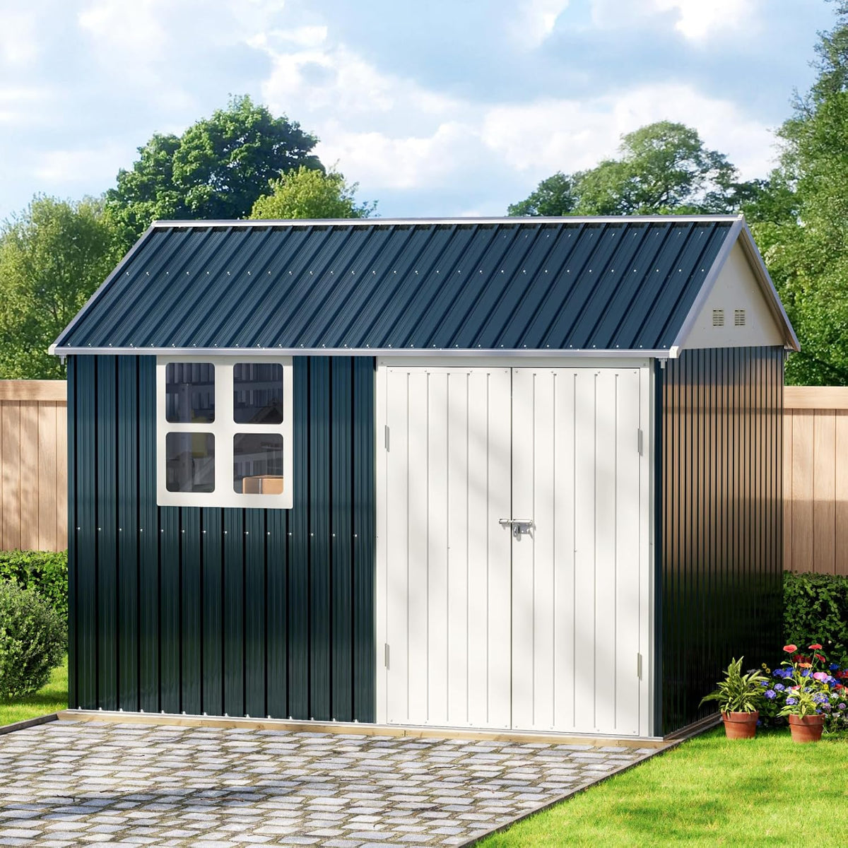 10X8FT Outdoor Steel Storage Shed with Lockable Doors, One Window,Ideal for Garden, Backyard, Patio Storage