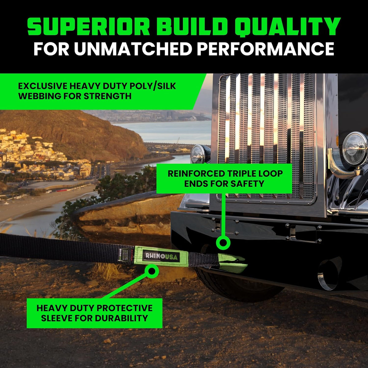 Rhino USA Recovery Tow Strap (6" x 30') - 48,000lb Break Strength - Emergency Recovery Strap Tow Rope for Big Trucks, SUV, Backhoe, Excavators & More - Heavy Duty Towing Strap for Offroad 4x4 Use