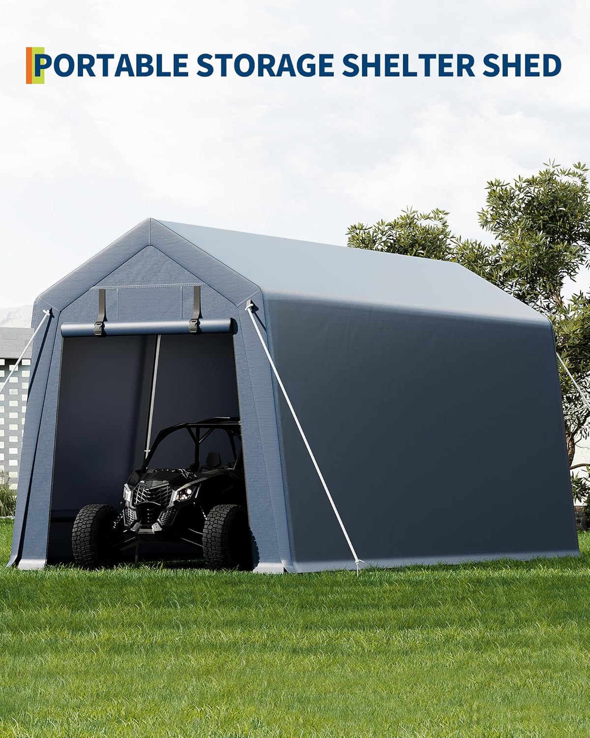 7x15FT Outdoor Storage Shed, Portable Carport with Roll-up Ventilated Zipper Door and Windows, Heavy Duty Waterproof Tarp, Storage Sheds for Motorcycle, Bike, Firewood, Garden Tools