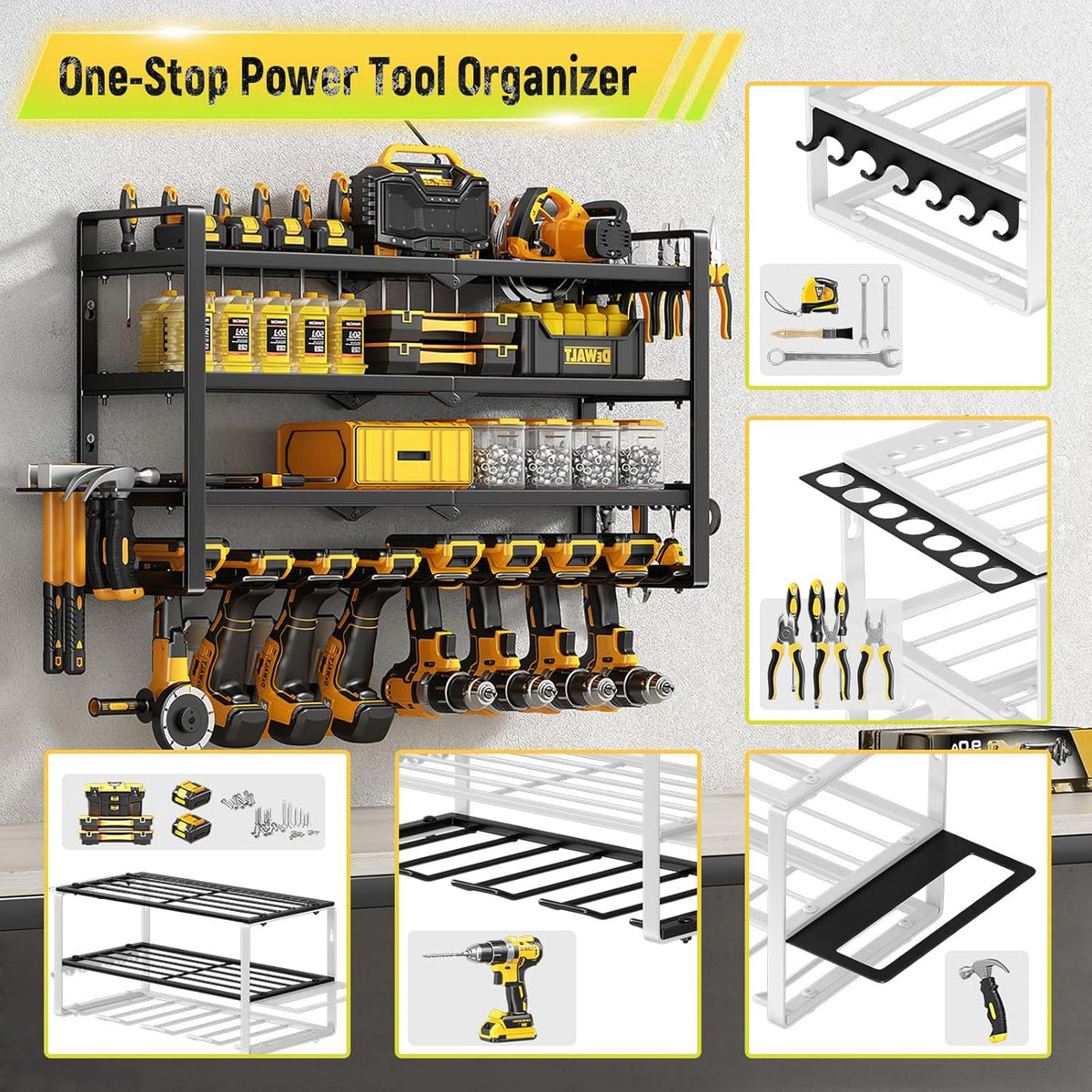 Power Tool Organizer Wall Mount - 400Lbs Load 4 Layers Storage Rack with 8 Drill Holders for Drills Cordless Tools. Heavy Duty Iron Garage Tool Organizer Storage for Workshop Shed Pegboard Basement