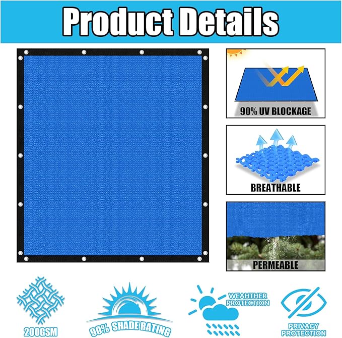 Amagenix 90% Pergola Shade Cover 9' X 10' Sun Shade Cloth with Grommets for Outdoor Garden Patio Porch, Commercial Grade 200 GSM - Cable Zip Ties Included (We Customized) GN108, Blue