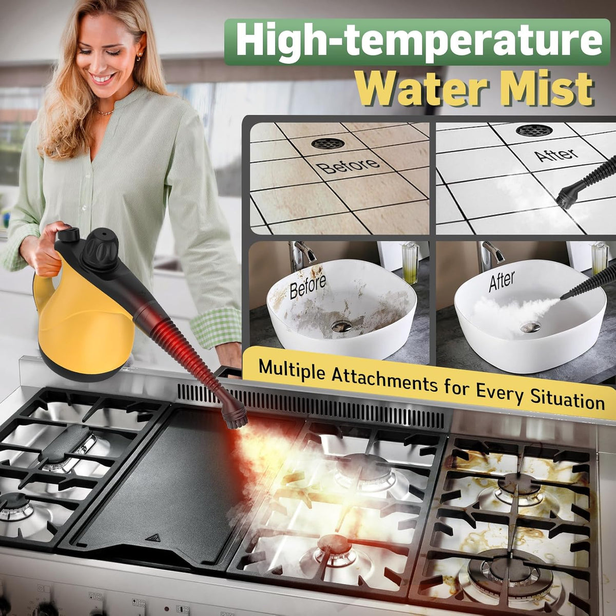 Multi-Surface Portable Steam Cleaner with 11Pcs Accessories, Chemical-Free Pressurized Steamer for Cleaning, Hand Held Steamer for Car, Furniture, Floor, Tile Grout and Home Use