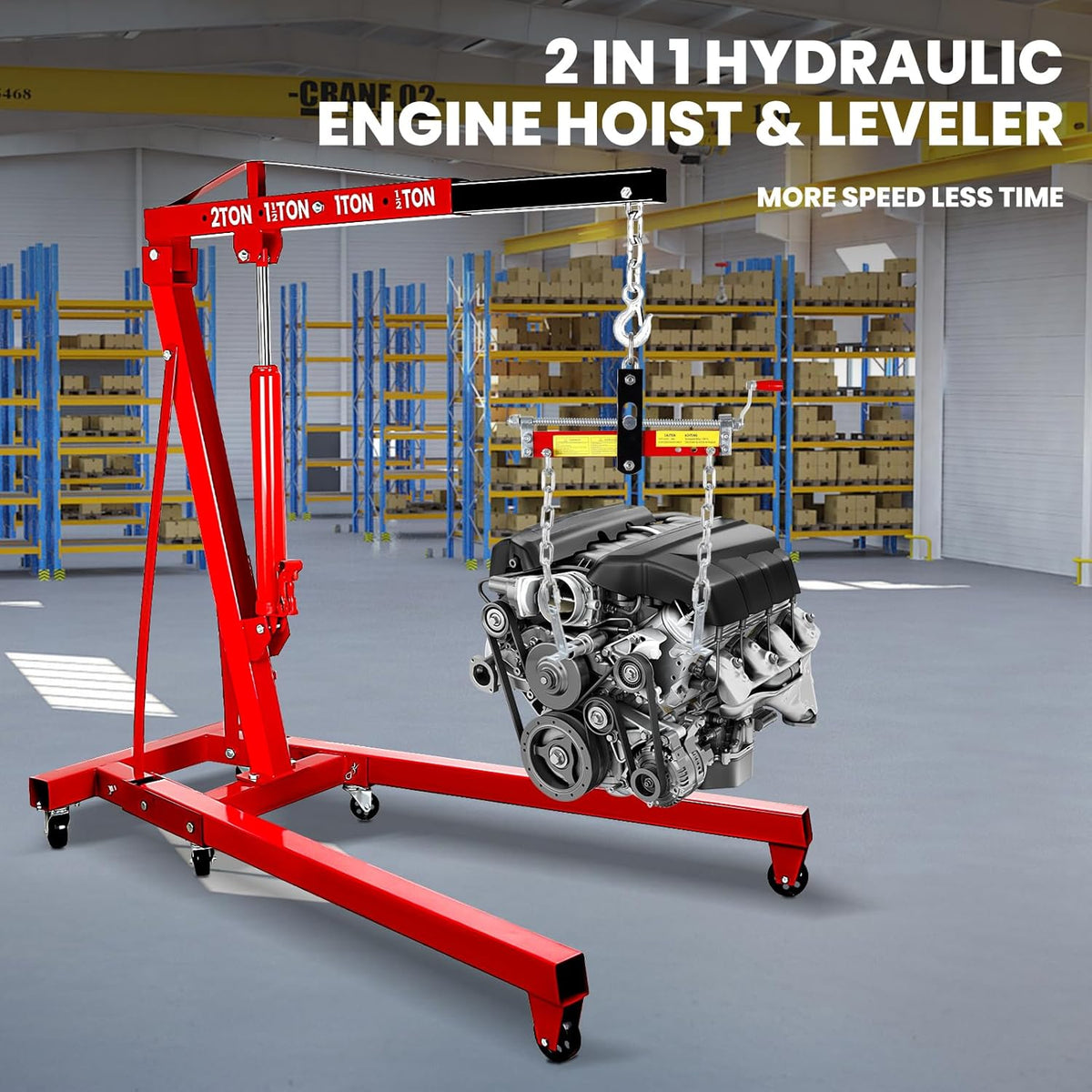 5500 Lbs Folding Cherry Picker Engine Hoist, 2.5 Ton Engine Crane with Lever, with 6 Casters, 8 Ton Hydraulic Pump 4 Adjustable Position, for Garage, Workshop, Repair (Red)
