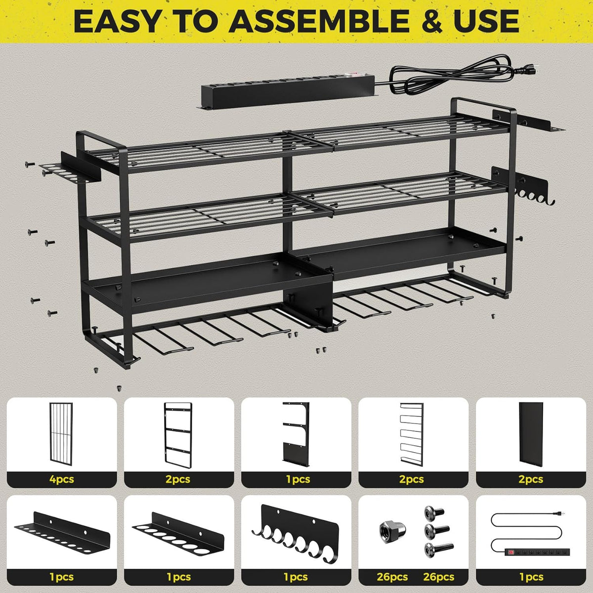 3 Pack Power Tool Organizer Wall Mount with Charging Station, 8 Outlet Power Strip & 4 Layers Storage Rack with 8 Drill Holders for Cordless Tools, Heavy Duty Utility Racks for Garage Workshop