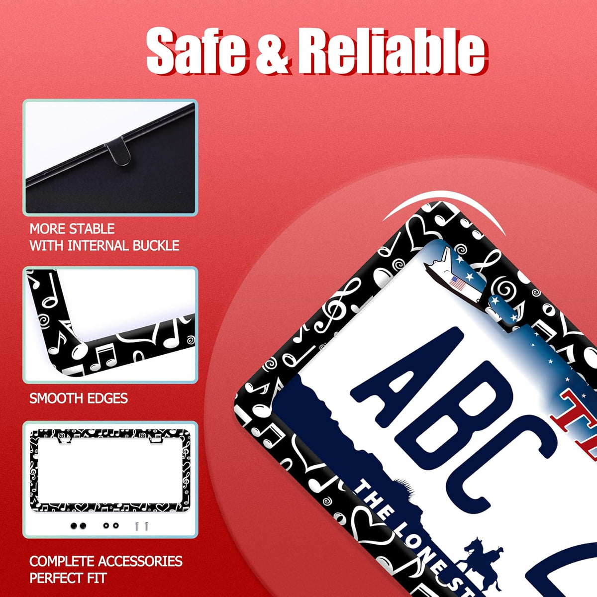 Music Note License Plate Frame Funny Musical License Plate Frames Stainless Steel Accessories Cars Decor with 2 Holes and Screws Fits Standard Us Ca Vehicles License Plate Holder 12.2 X 6 Inch