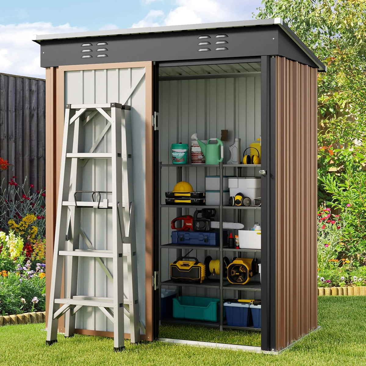 Gizoon 5' x 3' Outdoor Storage Shed with Singe Lockable Door,Galvanized Metal Shed with Air Vent Suitable for The Garden,Tiny House Storage Sheds Outdoor for Backyard Patio Lawn-Brown