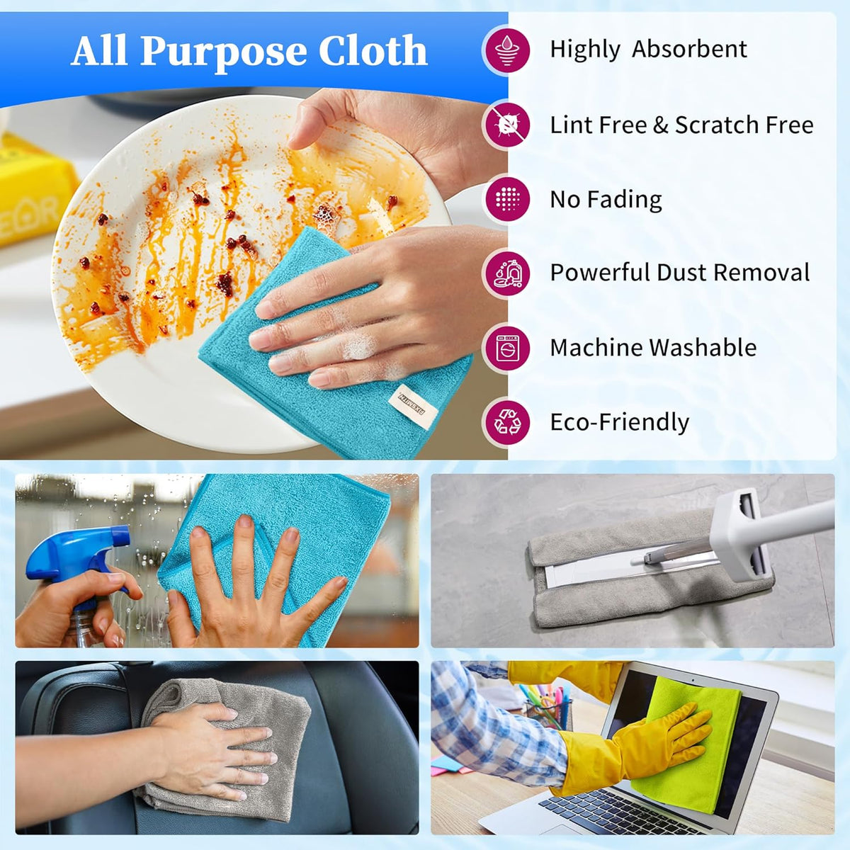 FIXSMITH Microfiber Cleaning Cloth - Pack of 24, Multi-Functional Cleaning Towels, Size: 12 x 16 in, Highly Absorbent Cleaning Rags, Lint-Free, Streak-Free Cleaning Cloths for Car Kitchen Home Office