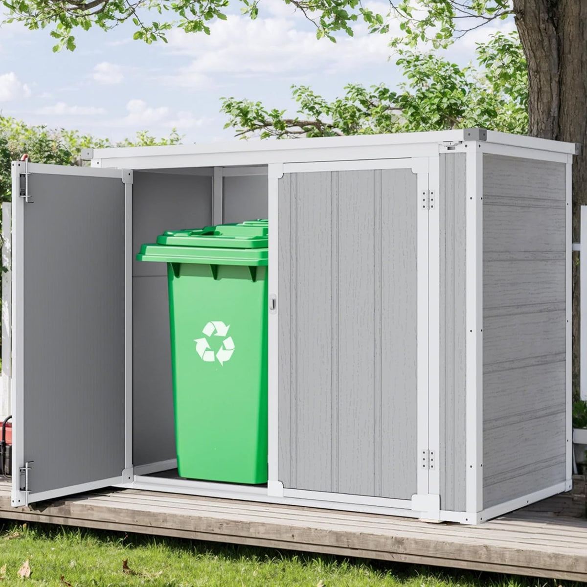 Horizontal Storage Shed 41 Cu.Ft, Lockable Outdoor Resin Cabinet for Garbage Cans, Lawn Mower & Garden Tools, Weather-Resistant Design for Patio or Backyard (Cold Gray)