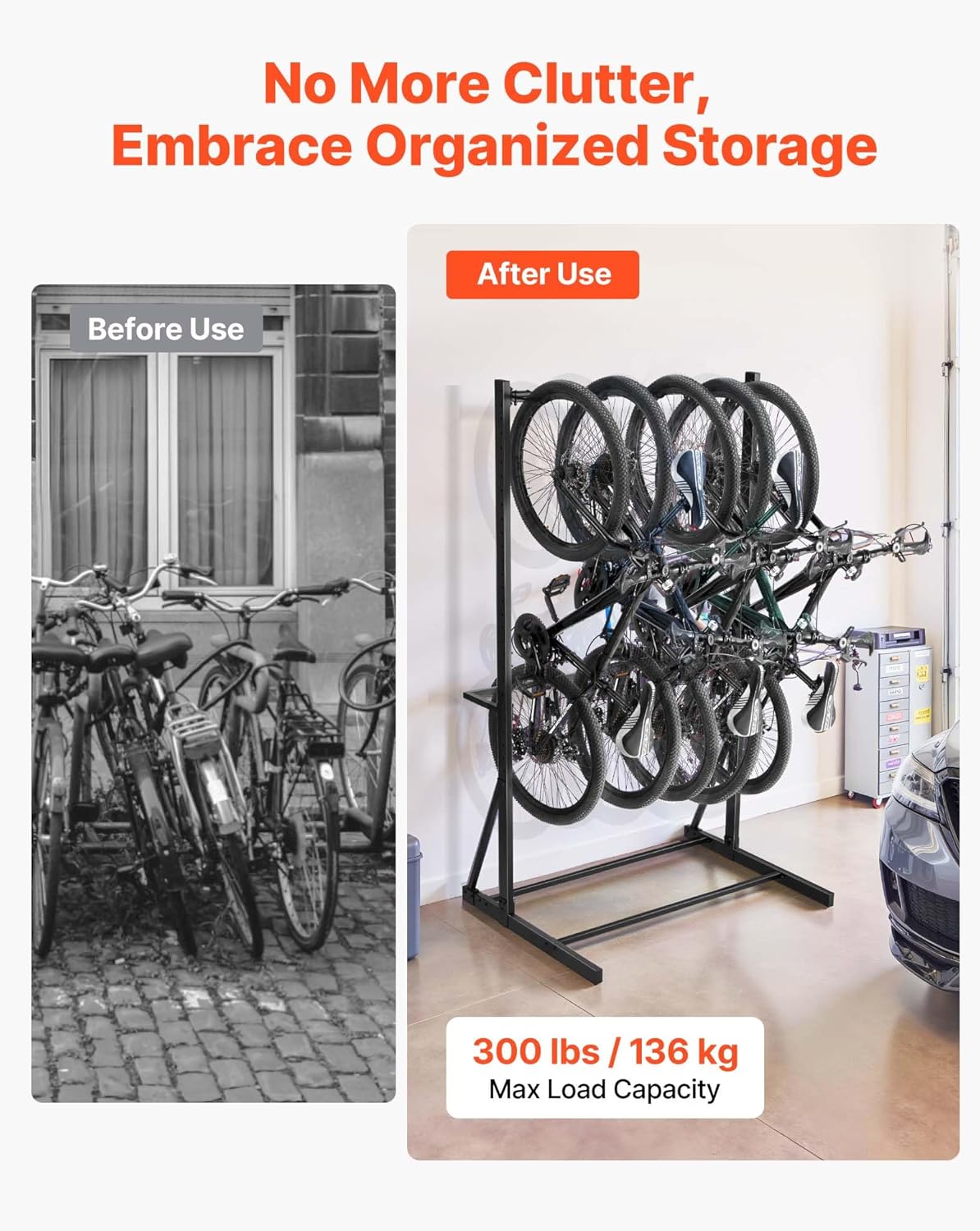 VEVOR Bike Rack, 300LBS/136KG Capacity for up to 5 Bikes, Freestanding Bike Storage Rack, Carbon Steel Vertical Bicycle Stand for Home, Yard, Garage, Living Room, Indoor/Outdoor Bicycle Storage Stand