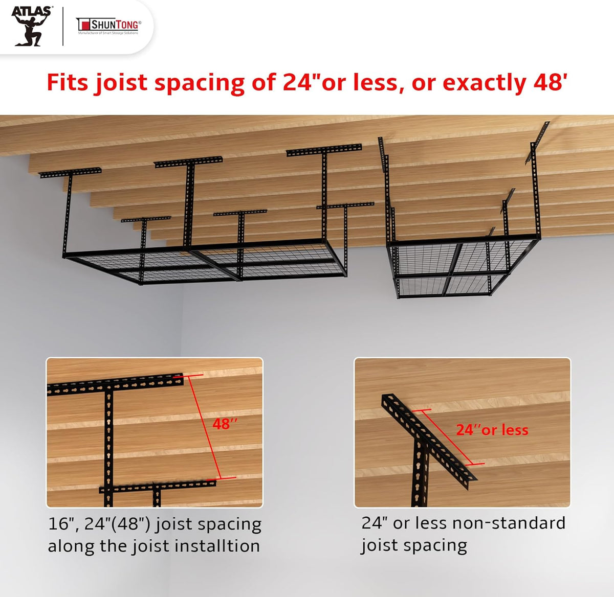 The Atlas Pro 4 x 8 ft Overhead Garage Storage Rack, Ultra Duty 1250lbs Weight Capacity, Adjustable Height 26"-48", Hammertone