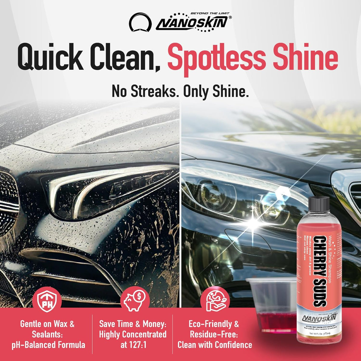 Nanoskin CHERRY SUDS Foaming Car Wash Shampoo 16 Oz. - Works with Foam Cannon, Foam Gun, Bucket Washes, Car Soap for Pressure Washer | Safe for Cars Trucks, Motorcycles, RVs & More | Cherry Scented
