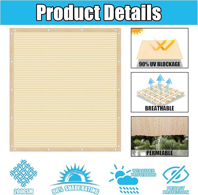Amagenix 90% Pergola Shade Cover 7' X 9' Sun Shade Cloth with Grommets for Outdoor Garden Patio Porch, Commercial Grade 200 GSM - Cable Zip Ties Included (We Customized) GN108, Wheat