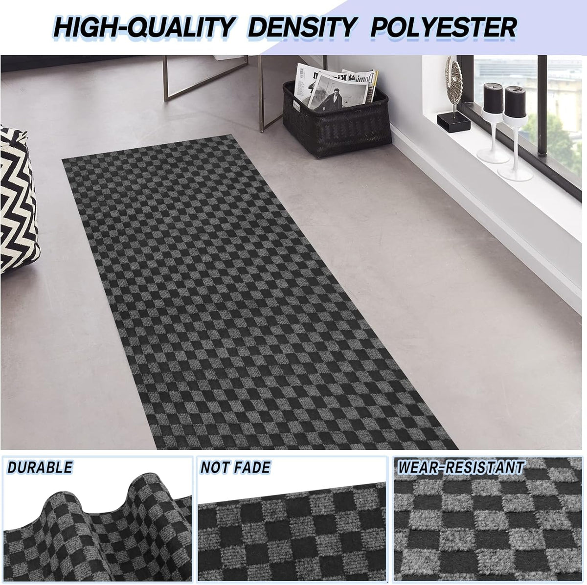 Custom Size Backed Non-Slip Area Rugs Runner, Easy Clean, Waterproof Runner Rugs for Hallway Entryway, Kitchen, Laundry, 3FT x 31FT, Gray Checkered