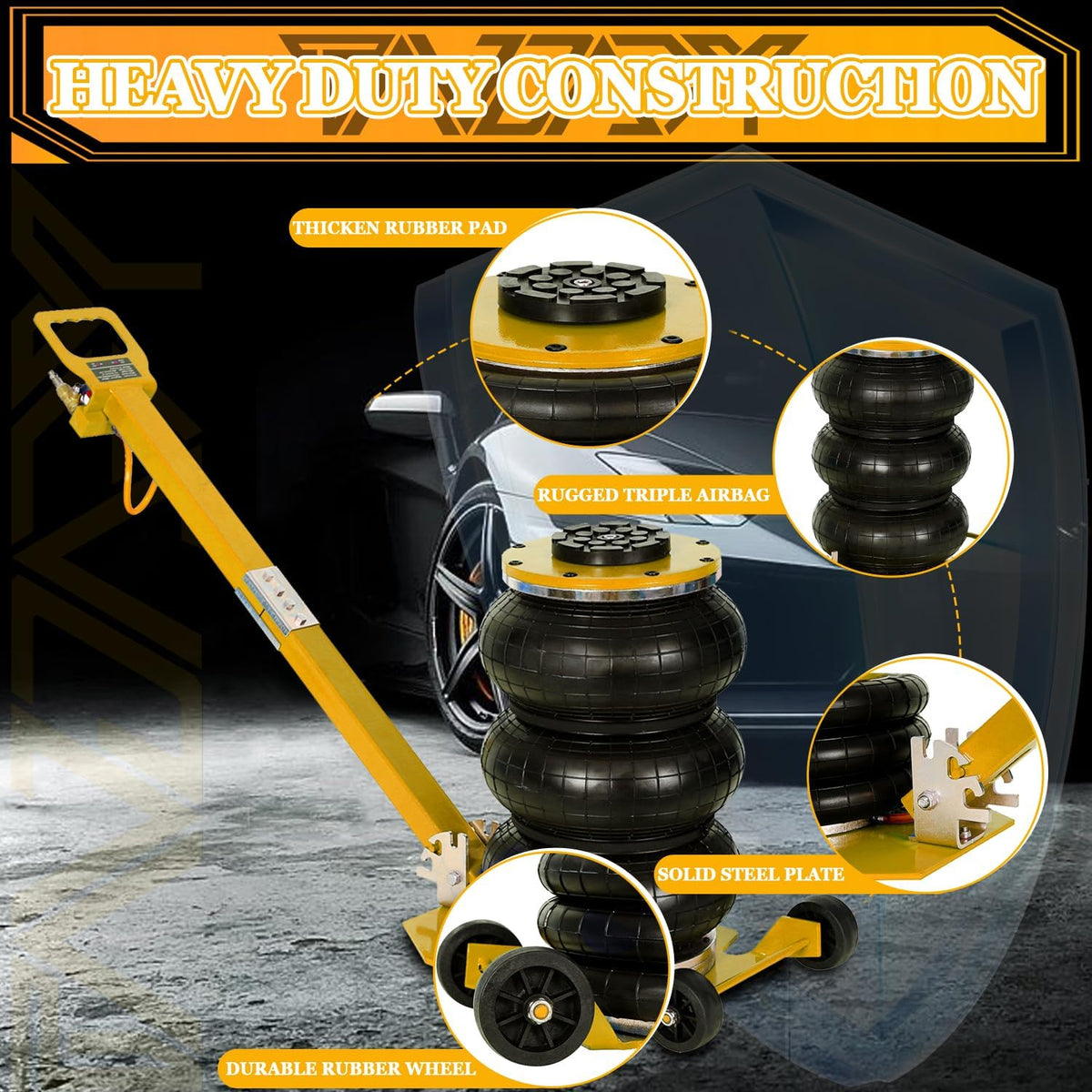 3T Triple Bag Air Jack 6600lbs Pneumatic Jack 3s Fast Lift Up 16in Airbag Jack with Adjustable Long Handle Heavy Duty Triple Air Bag Jack Lift for Cars Garage (Yellow)