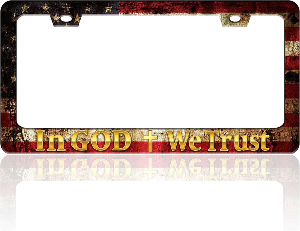 in God We Trust License Plate Frame Cross American Flag for Front or Rear Car Tags Stainless Steel License Plate Holder Funny Car Decoration with Screws 6.3 X 12.2 in