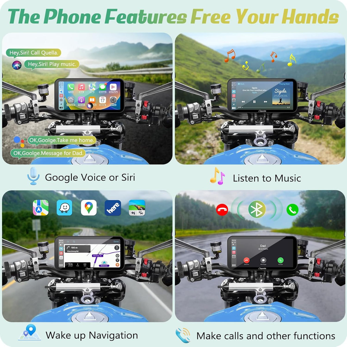 Carpuride W603D Motorcycle GPS Carplay Screen, Wireless CarPlay & Android Auto for Moto, with HD 1080P Dual Cameras, Remote Control，6.3" Waterproof Touchscreen, BT Aduio, Loop Recording, Navigation