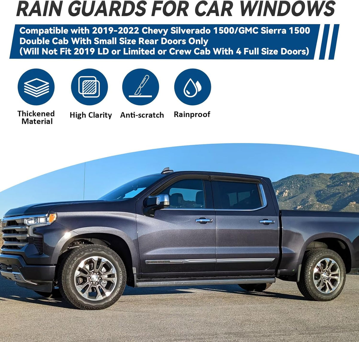 4pcs Front+Rear Smoke Tint Sun/Rain Guard Outside Mount Tape-On Vent Window Visors Compatible with 19-22 Silverado/Sierra 1500 Double/Extended Cab with Small Size Rear Doors