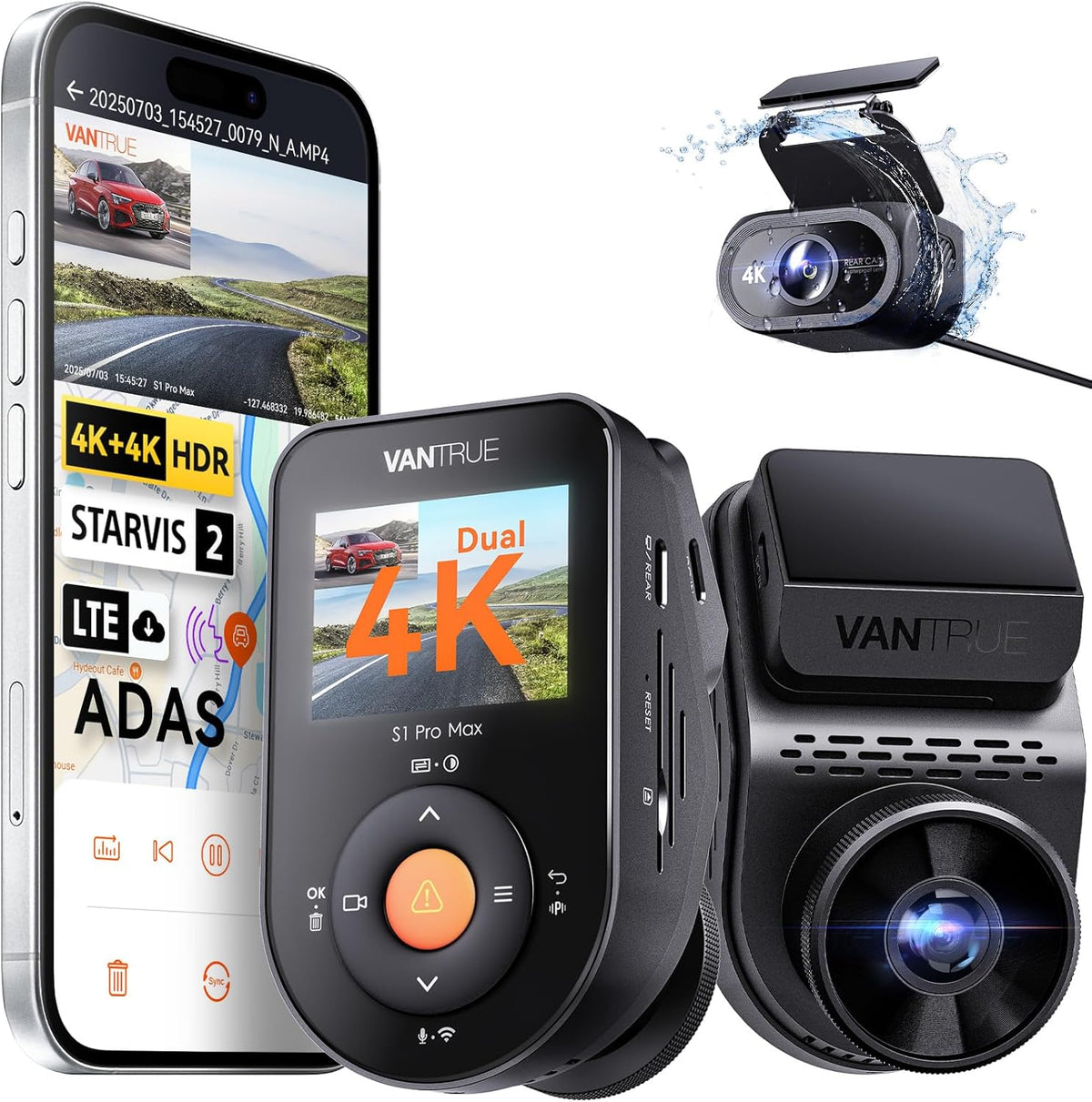Vantrue S1 Pro Max 4K+4K Dash Cam Front and Rear, Dual 2160P Dash Camera with STARVIS 2 HDR PlatePix™ Night Vision, 5GHz WiFi, GPS Speed, 24/7 Parking Mode, ADAS/BSD, Optional LTE, Supports 1TB Max