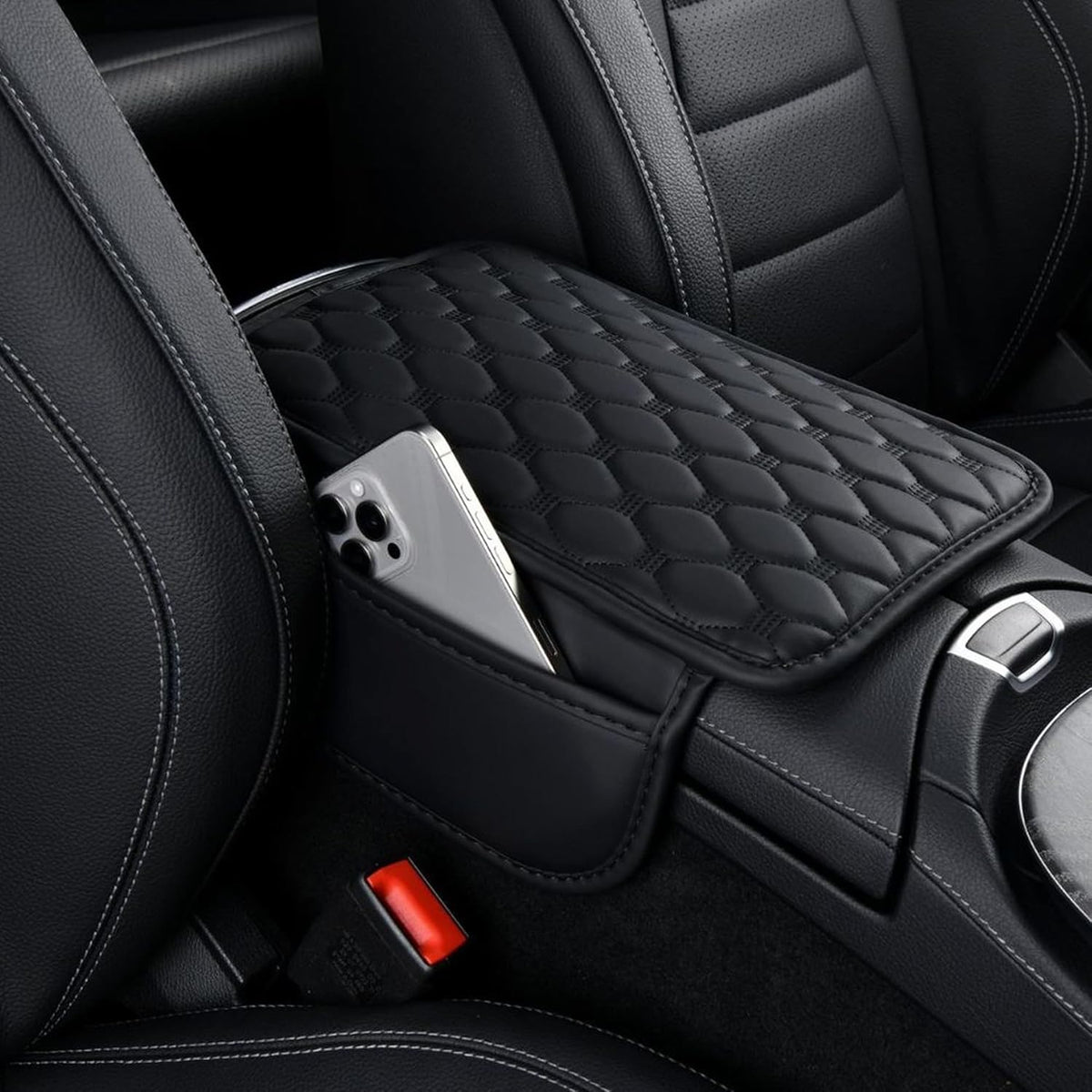 Car Center Console Cover, Leather Car Armrest Cover Cushion with 2 Storage Bags Universal Car Armrest Storage Box Pad Comfortable Car Decor Accessories Fit for Most Cars, Vehicles, SUVs (Black-2)