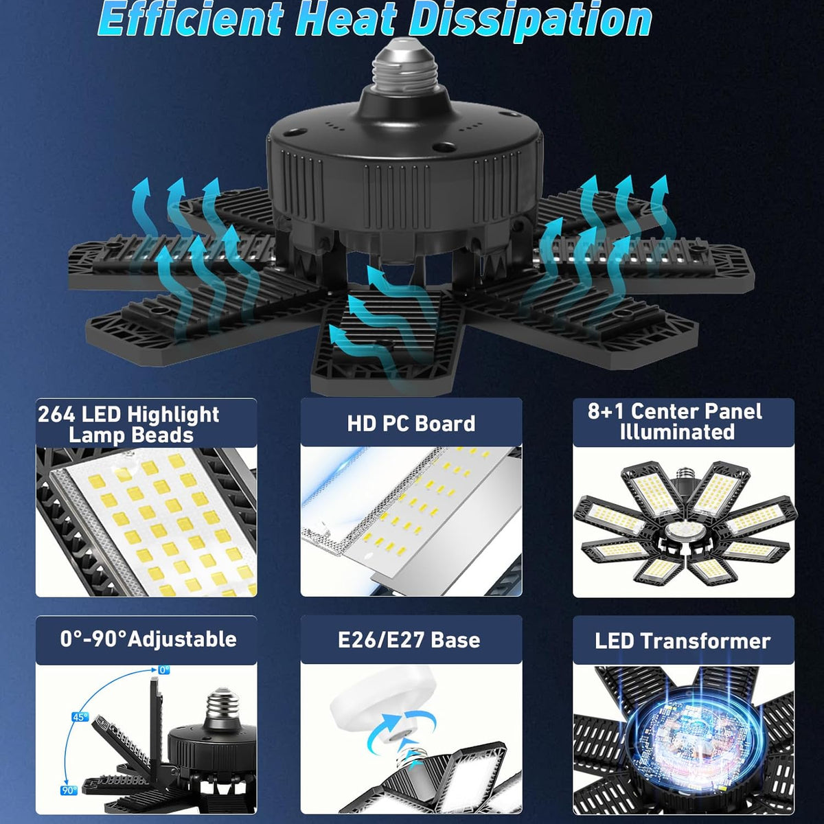 Garage Light 6 Pack - 240W 24000LM 6500K Garage Lights Ceiling LED with 8+1 Deformable Panels, E26/E27 Screw Socket in LED Shop Light for Workshop, Basement, Gym, Barn, Warehouse etc Bay Lighting