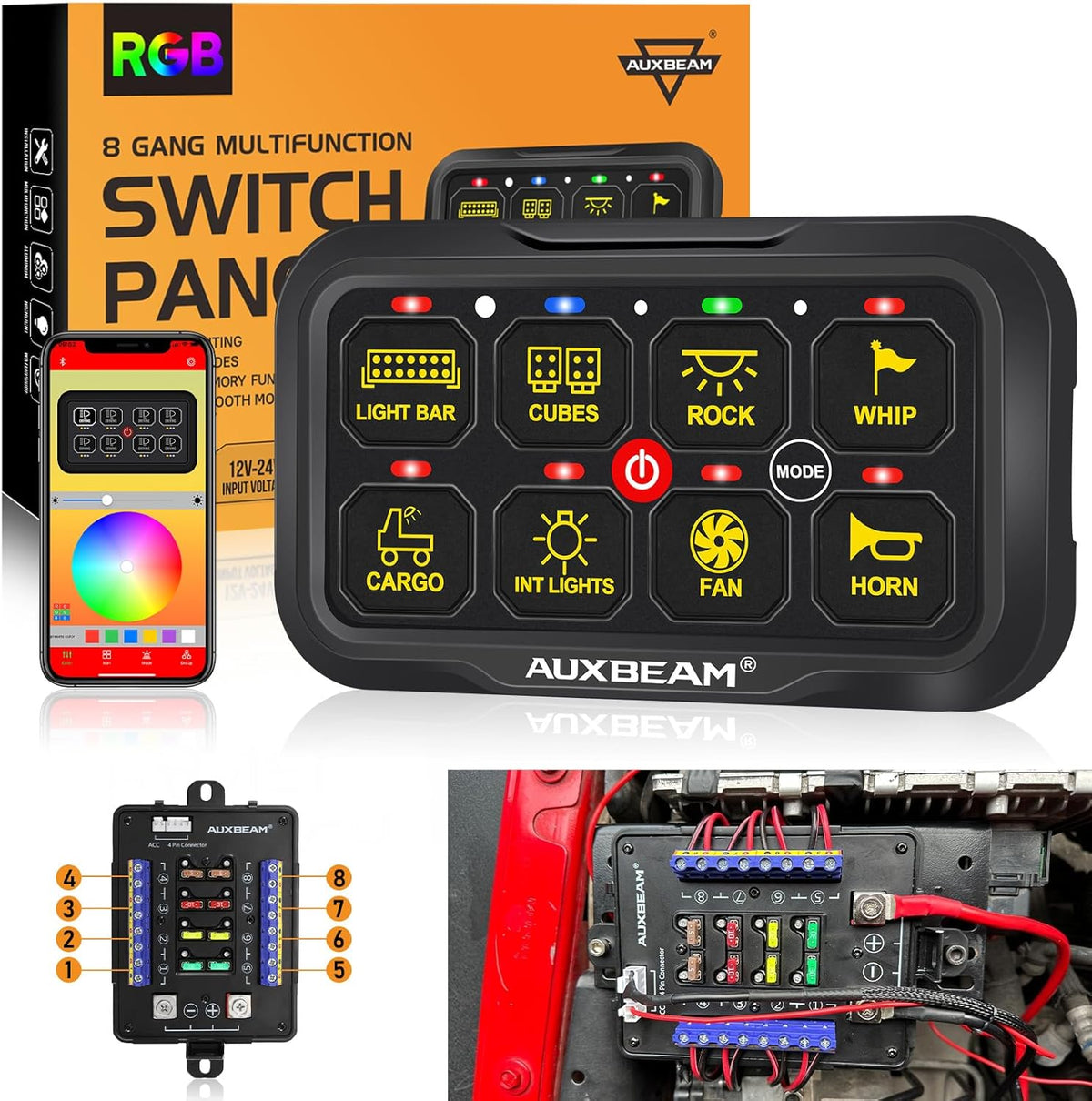 Auxbeam RGB Bluetooth 8 Gang Switch Panel AR-820 Toggle Momentary Pulsed Switch Pod for Truck UTV Offroad Boat Auxiliary LED Light Controller with Circuit Relay System Box Waterproof, 2-Year Warranty