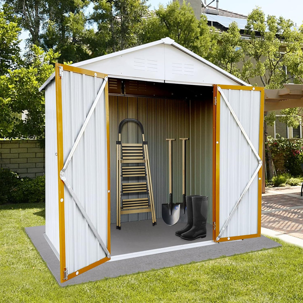 4x6 FT Outdoor Metal Storage Sheds with Apex Roof,Single-Storey Waterproof Roofed Structure Garden Shed w/Lockable Doors,for Lawn Equipment Tool Sundries,White+Yellow