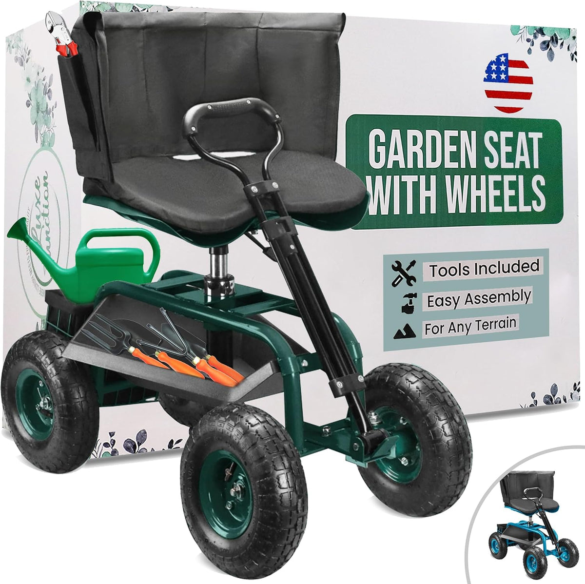 Garden Seat with Wheels – Adjustable 360° Swivel Gardening Stool with Hydraulic Height Adjustment, Ergonomic Backrest, and Tool Storage – Rolling Stool for Garden, Yard, and Outdoor Use