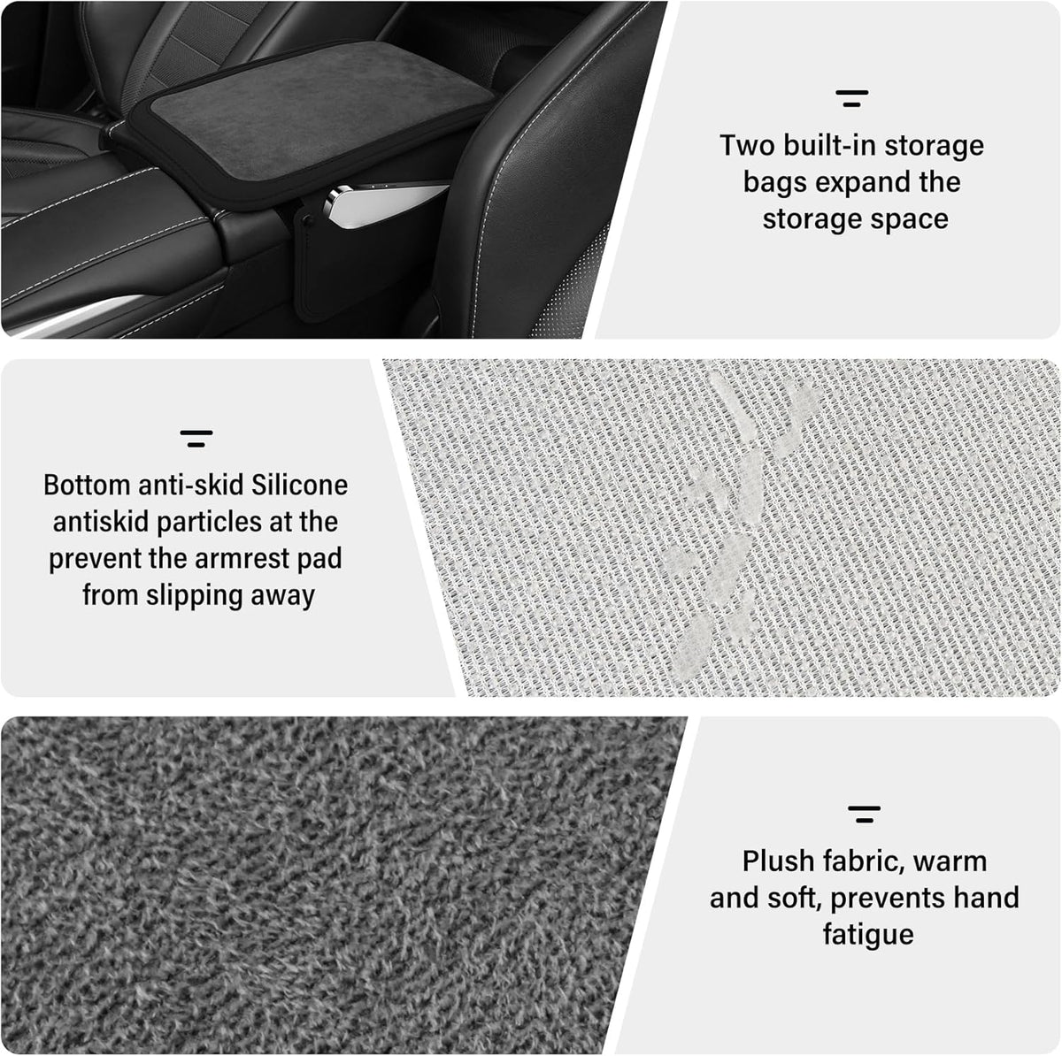 SINGARO Car Leather Center Console Cover with 2 Storage Bags, Universal Furry Fluffy Car Armrest Seat Box Pad, Comfortable Car Interior Accessories, Fits for Most Vehicles (Black)