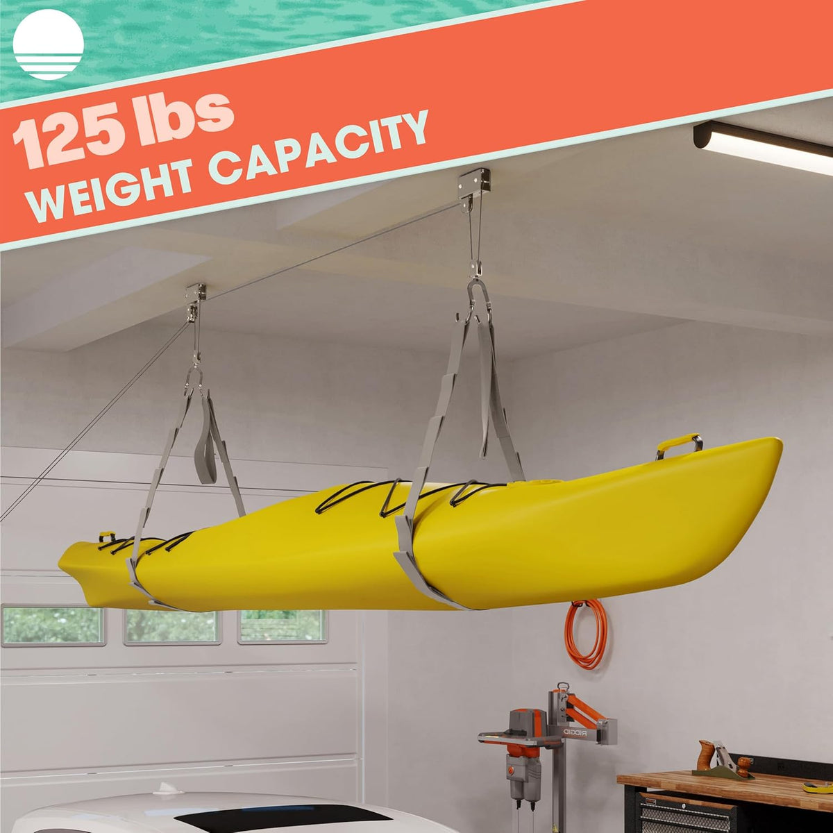 RAD Sportz Kayak Storage Hoist - Overhead Pulley System with 125lb Capacity for Canoes, Bikes, Ladders, and More for Ceilings up to 12ft (Gray)