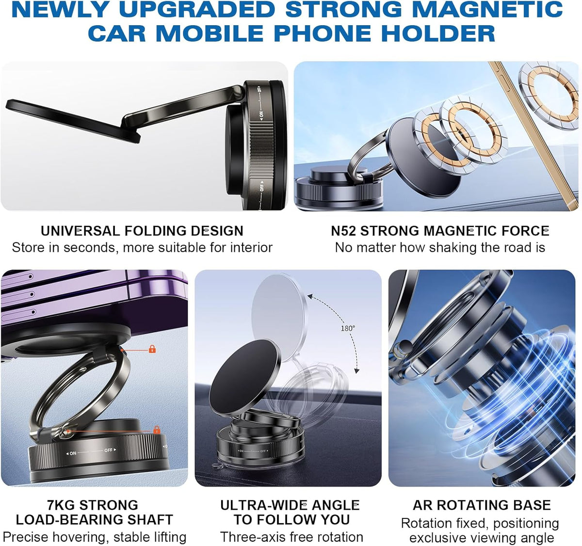Vipbu Phone Mount, Vipbu Phone Holder, Car Phone Holder, 360° Adjustable Vacuum Magnetic Phones Holders, Foldable Car Mount, Universal Adjustable Stand for Phone Smartphones (Black)
