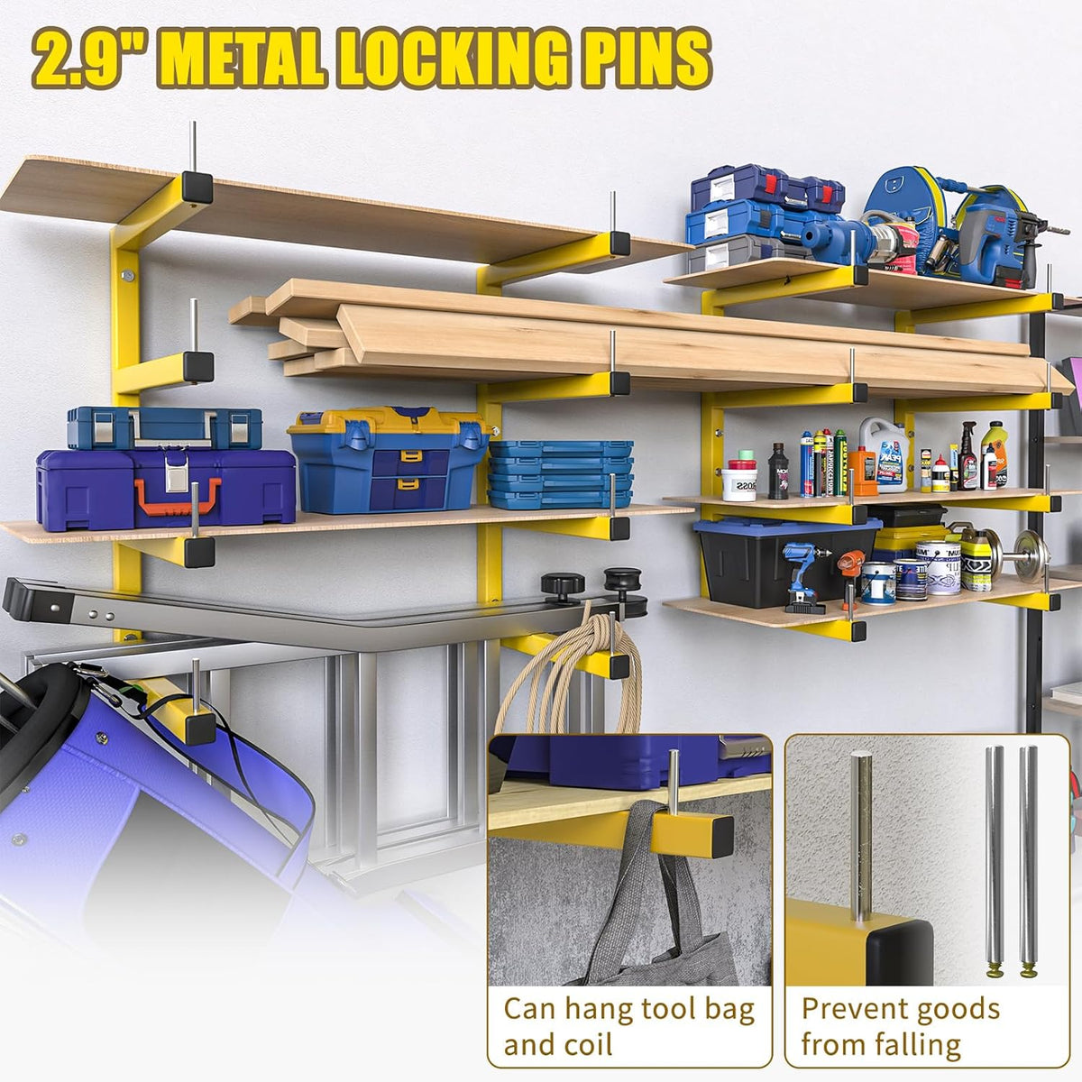 2-Pack Lumber Storage Rack, Wood Storage Racks Wall Mount, Heavy Duty Garage Wood Organizer with 4-Level System, Yellow Utility Rack Organization Up 800 Lbs, Metal Lumber Shelf for Indoor and Outdoor