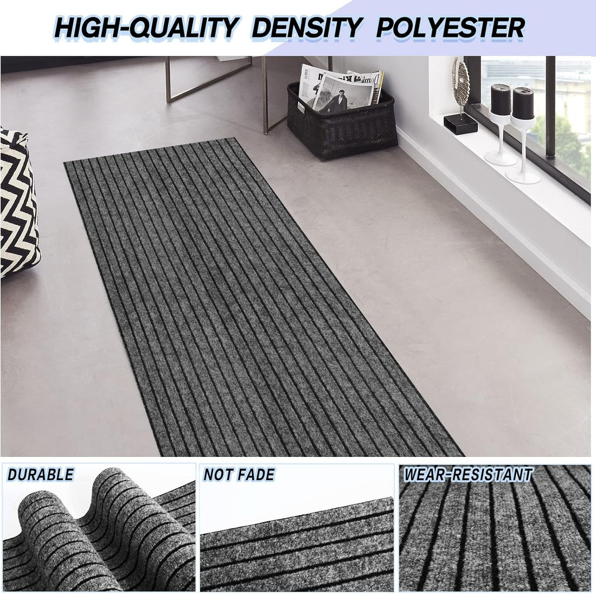 Custom Size Backed Non-Slip Area Rugs Runner, Easy Clean, Waterproof Runner Rugs for Hallway Entryway, Kitchen, Laundry, 3FT x 67FT, Gray Stripe