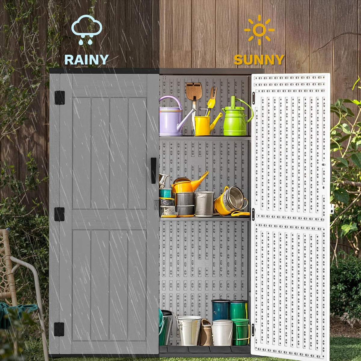 DWVO 59 Cu. Ft. Vertical Storage Shed, Weatherproof Outdoor Tall Cabinet with Double-Wall Panels and Floor, Lockable Resin Shed for Garden, Garage, Patio, Light Gray (Shelves Not Included)