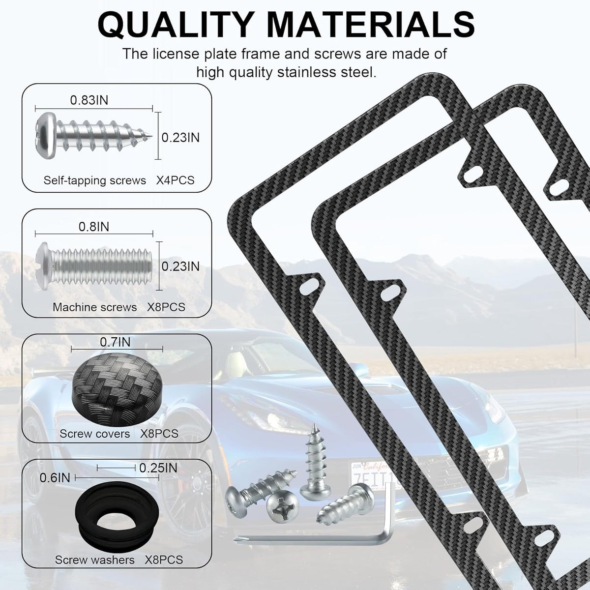 LivTee Carbon Fiber License Plate Frames, 4 Holes Stainless Steel License Plate Covers, 2PCS Car License Plate Holder, Automotive Exterior Accessories, Slim Design with Gasket Cover for US Cars