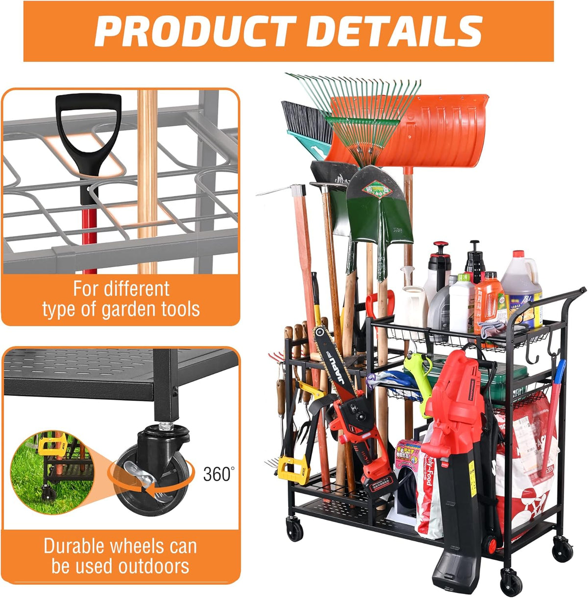 PLKOW Garden Tool Organizer with Wheels, Garden Tool Rack, Yard Tool Holder for Rakes, Shovel, Fertilizer, Garden Tool Storage for Garage, Shed, Outdoor