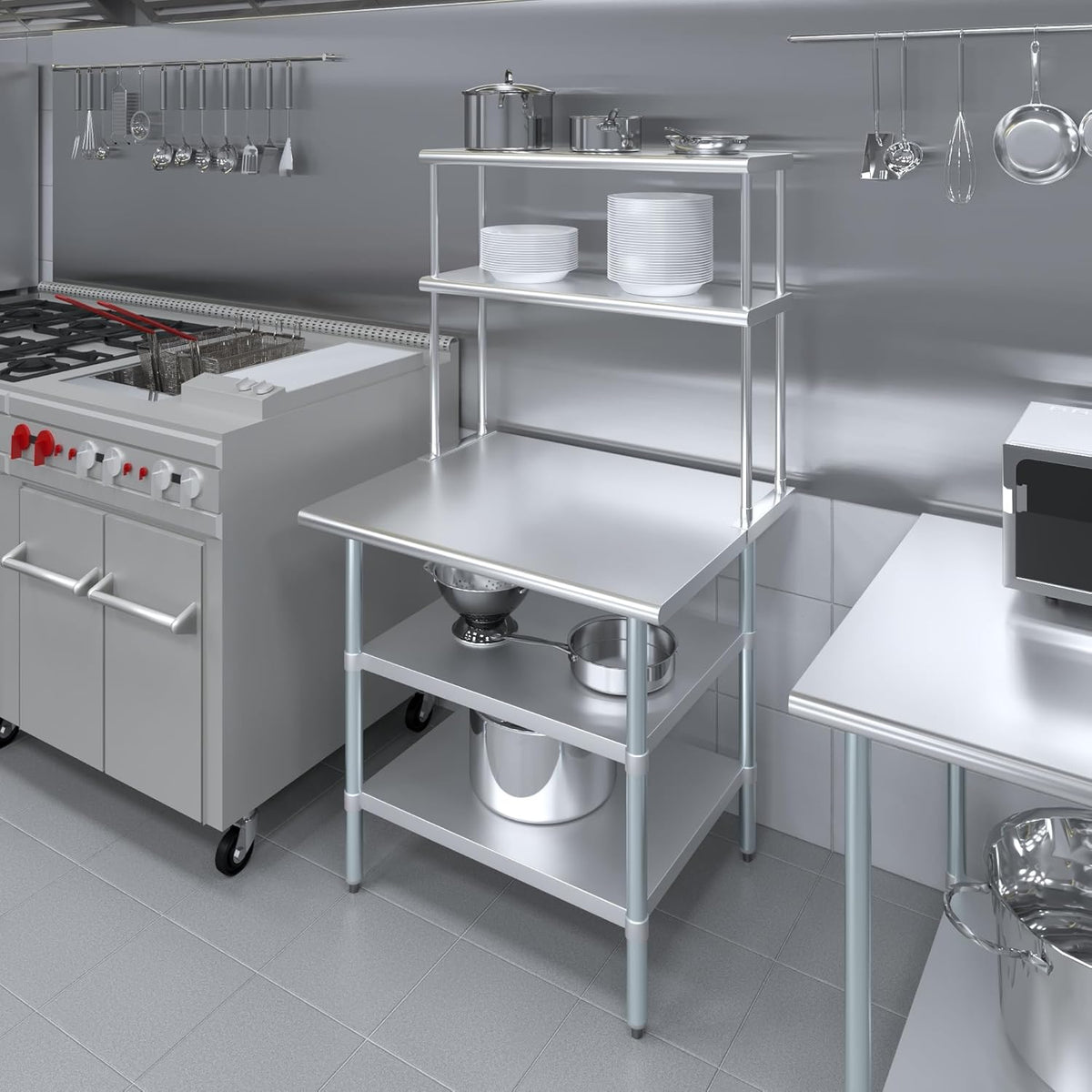 Amgood Stainless Steel Work Table with 2 Shelves | Metal Kitchen Prep Table & Shelving Combo (30" x 36" Table with 2 Shelves + 12" Overshelf)