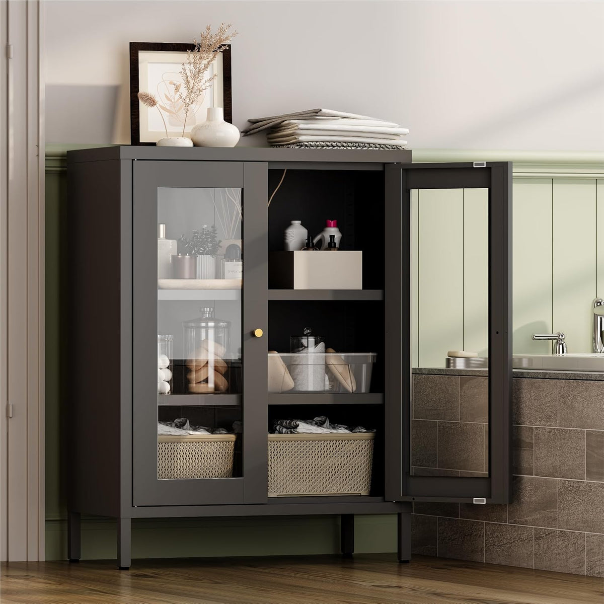 Metal Bathroom Cabinet with Glass Doors,Bathroom Floor Storage Cabinet with 2 Adjustable Shelves & 2 Doors, Sideboard for Small Spaces, Living Room, Dining Room, Home Office