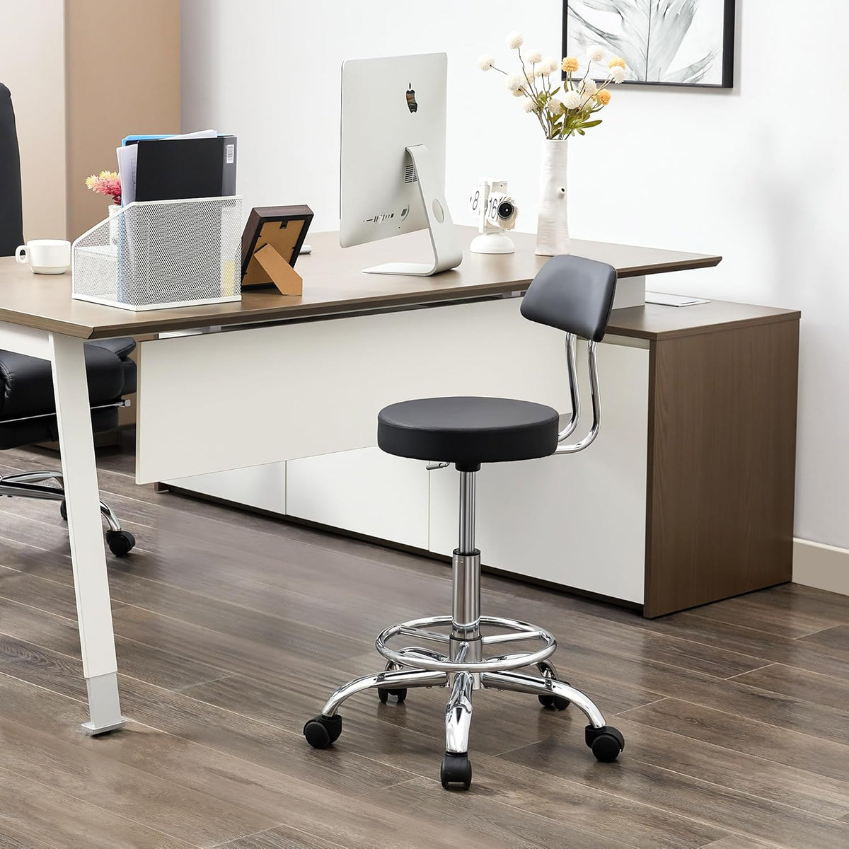 Office Chair with Back (Adjustable Height Posture Stool 19.5’’-26.6’’)(Drafting Chair on Wheels) Work Stool with Footrest (Black)