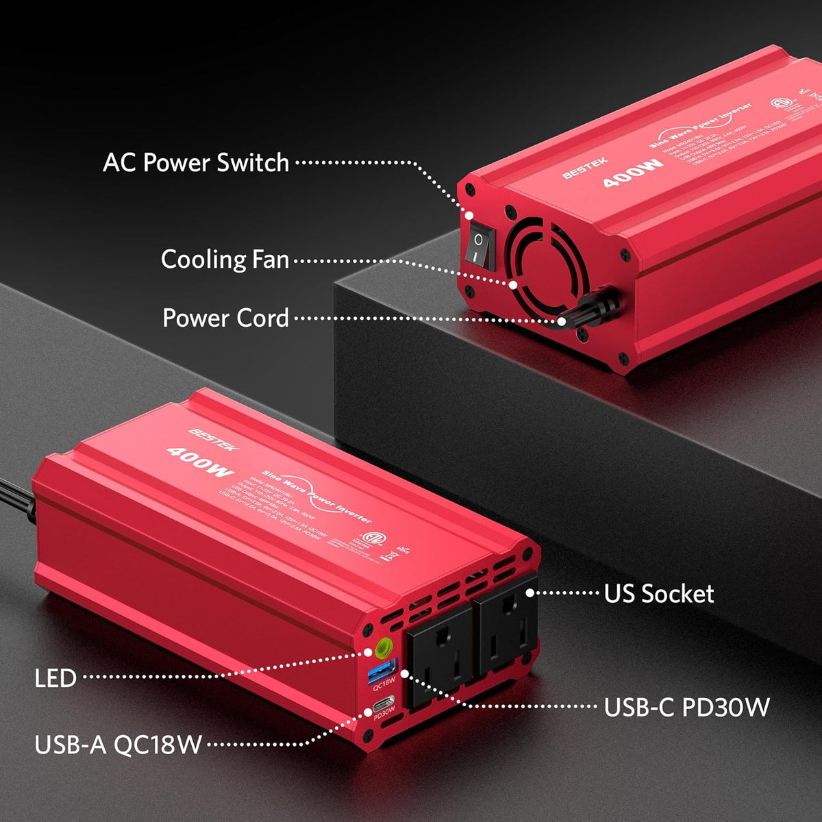 BESTEK 400W Car Power Inverter DC 12V to AC 110V Car Plug T-Type Sine Wave Inverter Adapter Power Converter with PD30W & QC18W Dual USB Charging Ports
