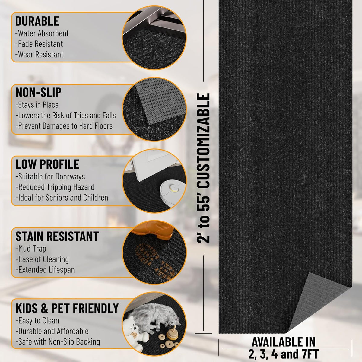 Ottomanson Mud Mat 2' x 2' Entryway Rug - Non-Slip Scraper Doormat for Muddy Paws, Dirt Trapping Indoor/Outdoor Mat for High-Traffic Areas, Kitchen, Garage, Patio, Black