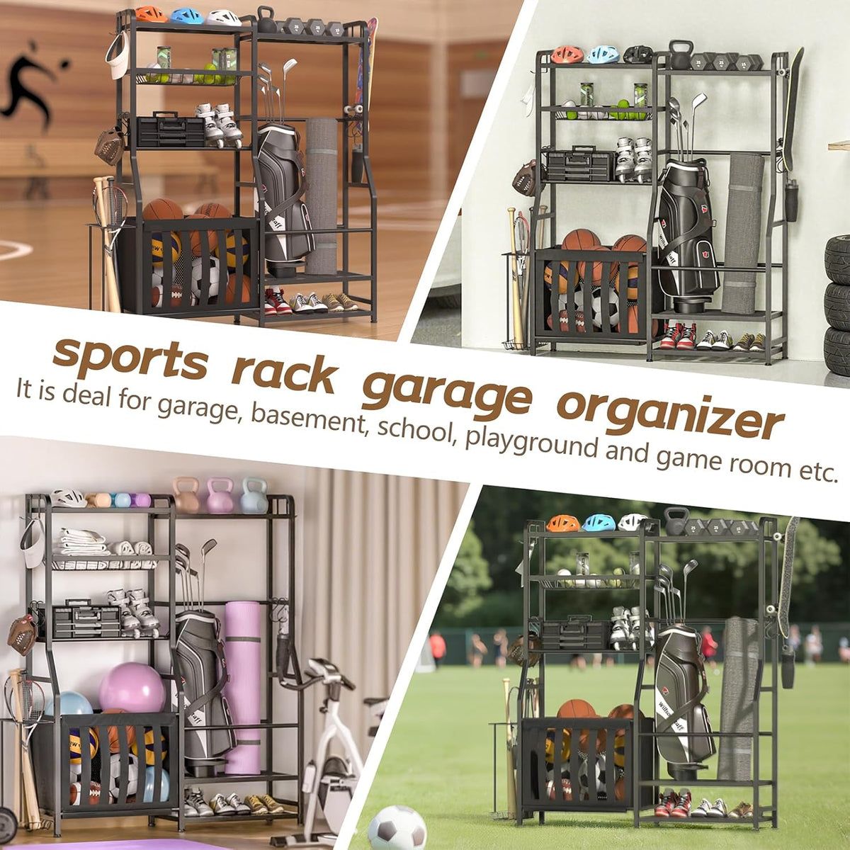 Garage Sports Equipment Organizer, Golf Bag Storage Rack, Heavy Duty Ball Holder with Basket & Hooks, Indoor/Outdoor Basketball Storage Bins for Toy Sports Gear Storage