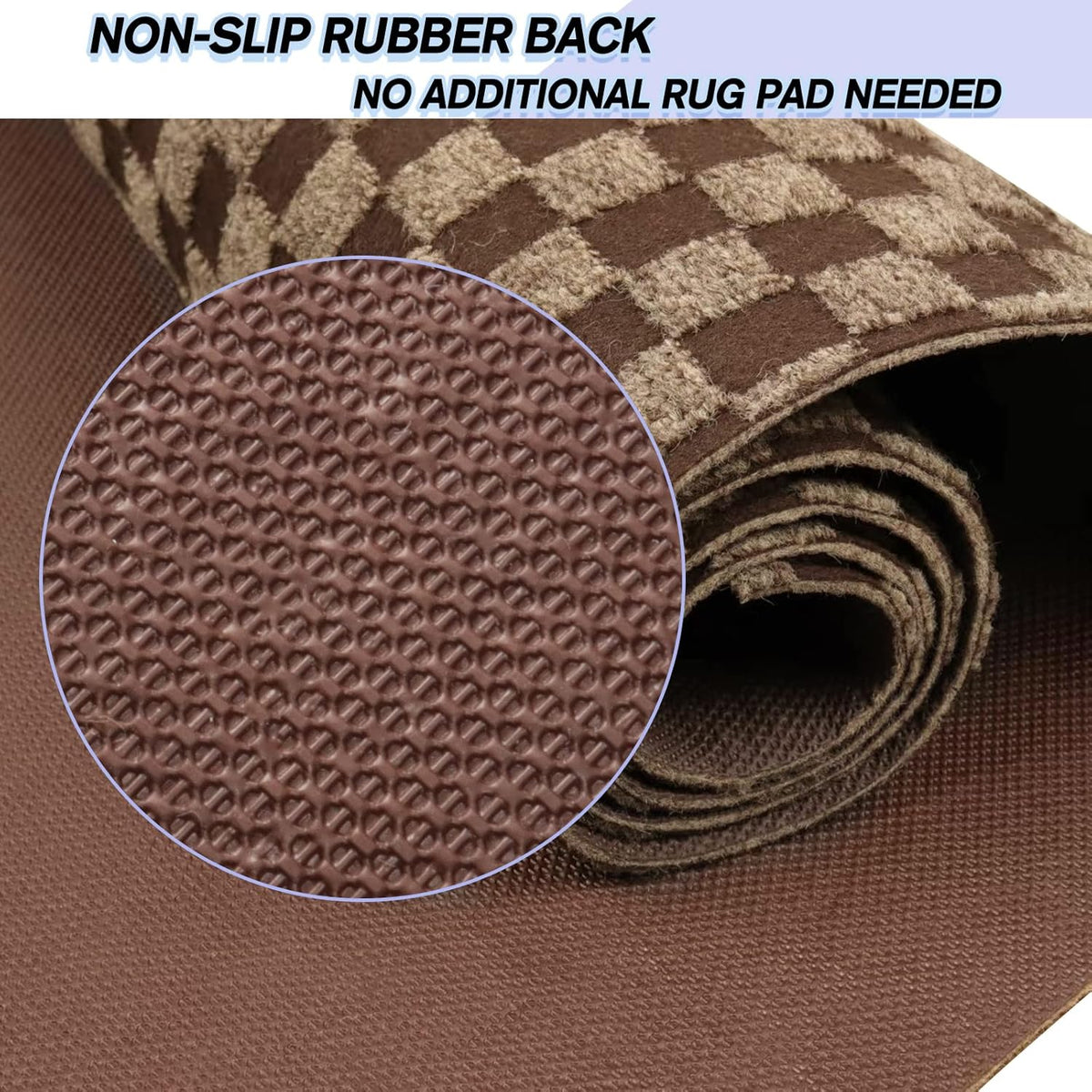 Custom Size Backed Non-Slip Area Rugs Runner, Easy Clean, Waterproof Runner Rugs for Hallway Entryway, Kitchen, Laundry, 4FT x 54FT, Brown Checkered