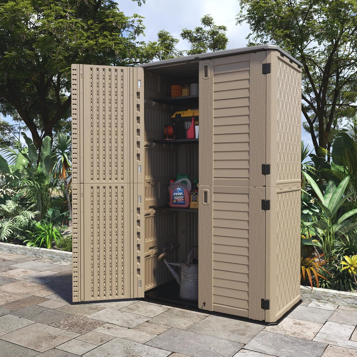 ADDOK Outdoor Storage Sheds Waterproof,Resin Outdoor Storage Cabinet Lockable, Double-Layer Storage Shed for Patios/Generator/Long-Handled Tools