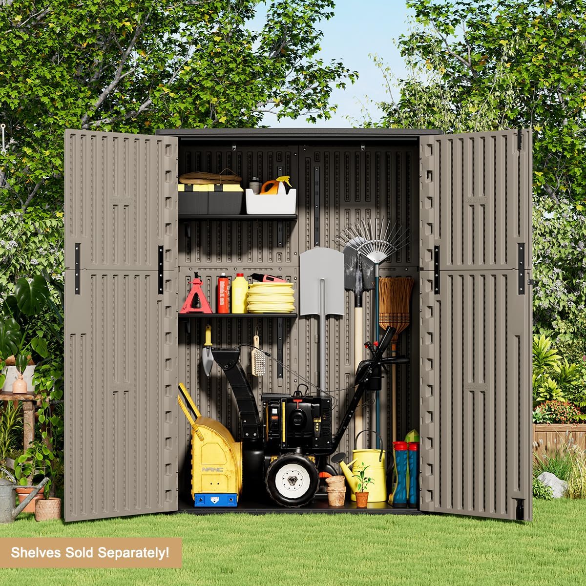 KINYING Outdoor Storage Shed,57 Cu.ft Vertical Outdoor Storage Cabinet Waterproof, Outdoor Resin Tool Shed for Patio Furniture, Garden Tools, Pool Accessories, Lawn Mower(Coffee Color)