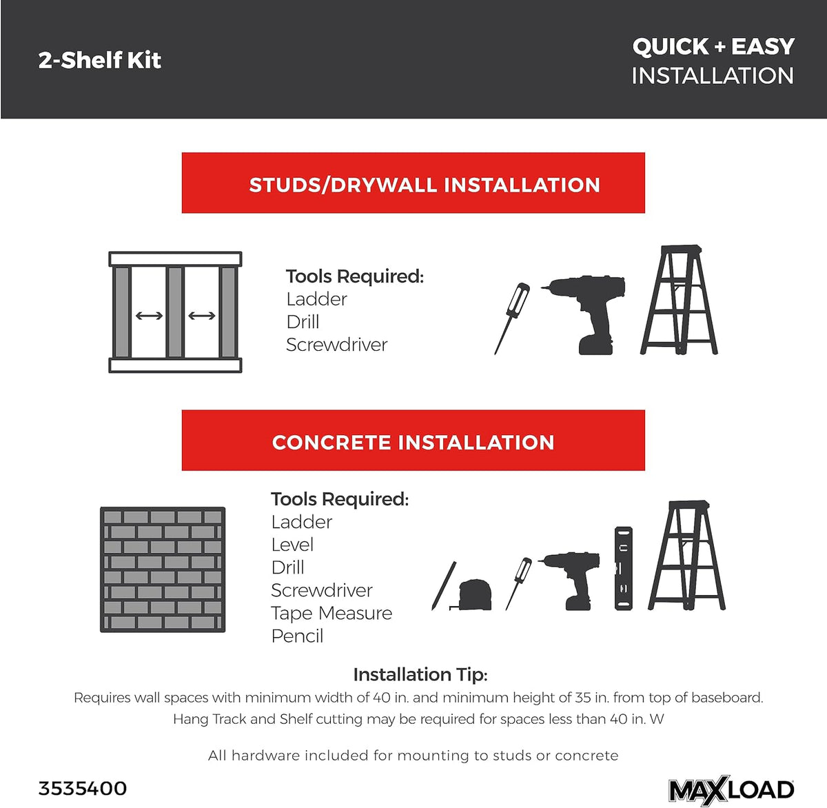 ClosetMaid MaxLoad Heavy Duty Wall Shelf Kit for Garage, 2 Shelves, Adjustable ShelfTrack Wire Shelving, Black Finish